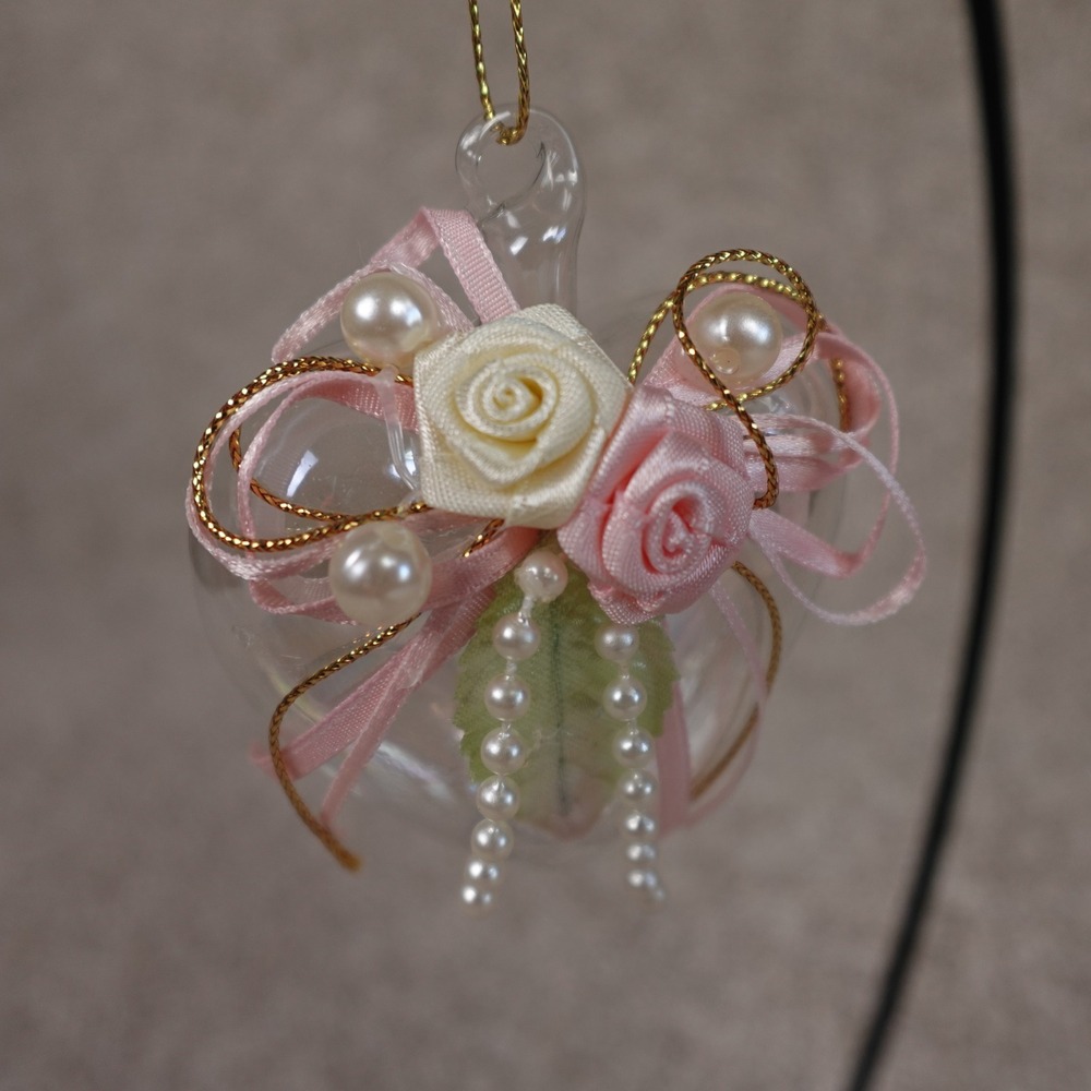 Iridescent Glass Heart Ornament Pink Satin Roses Pearls Gold Accents Romantic - Picture 2 of 5